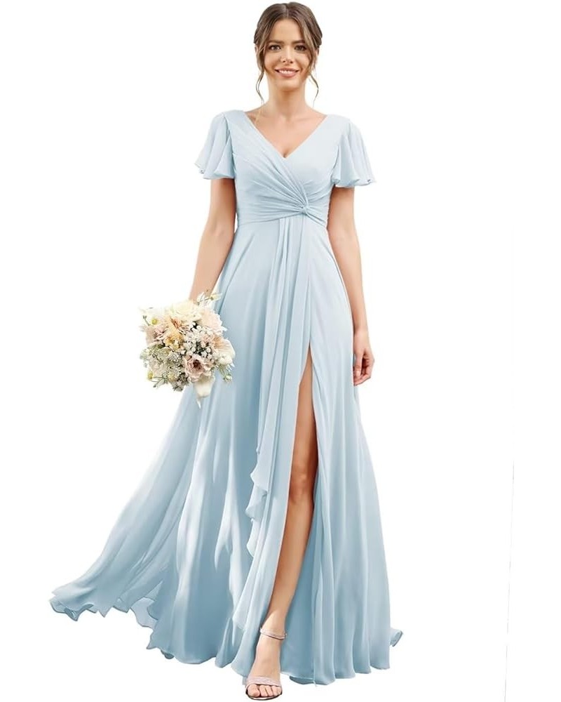 Bridesmaid Dresses for Women with Slit Long A Line Chiffon V Neck Sleeves Bridesmaid Dress for Wedding 2024 Light Blue $31.85...