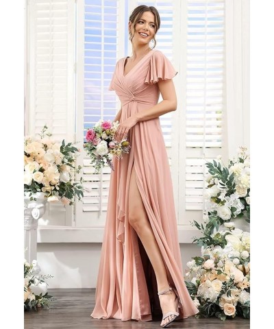 Bridesmaid Dresses for Women with Slit Long A Line Chiffon V Neck Sleeves Bridesmaid Dress for Wedding 2024 Light Blue $31.85...