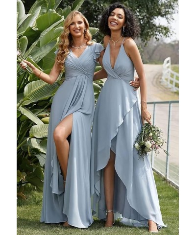 Bridesmaid Dresses for Women with Slit Long A Line Chiffon V Neck Sleeves Bridesmaid Dress for Wedding 2024 Light Blue $31.85...