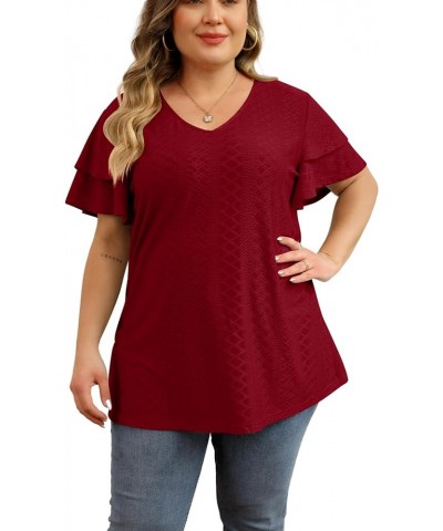 Womens Plus Size Tops Summer Casual V Neck Short Ruffle Sleeve T Shirts Loose Fit Eyelet Hollow Out Blouse 1X-5X Wine Red $15...