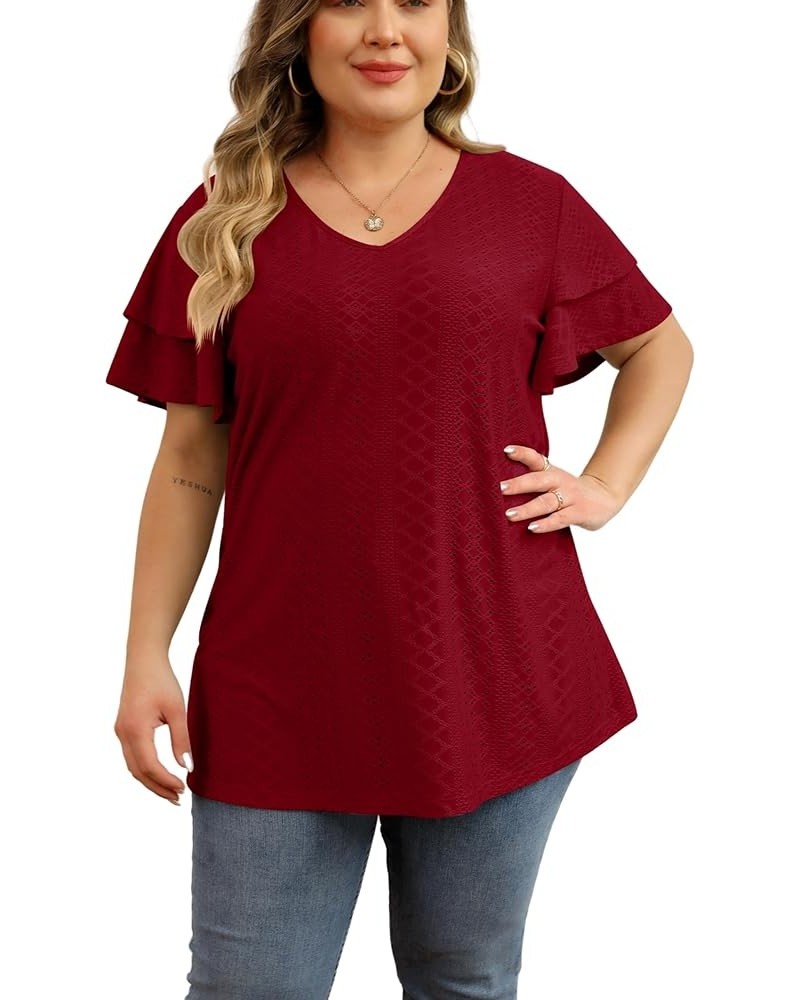 Womens Plus Size Tops Summer Casual V Neck Short Ruffle Sleeve T Shirts Loose Fit Eyelet Hollow Out Blouse 1X-5X Wine Red $15...