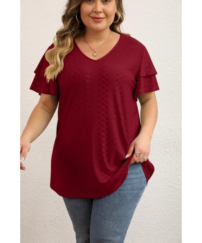 Womens Plus Size Tops Summer Casual V Neck Short Ruffle Sleeve T Shirts Loose Fit Eyelet Hollow Out Blouse 1X-5X Wine Red $15...