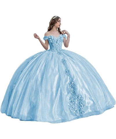 Women's Puffy Tulle Quinceanera Dresses Off The Shoulder Sweet 15 Dresses with Train Sweetheart Lace Ball Gown PF42 Light Blu...