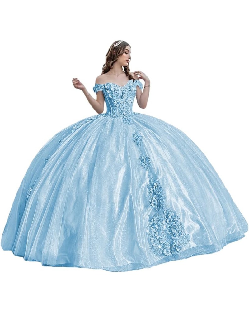 Women's Puffy Tulle Quinceanera Dresses Off The Shoulder Sweet 15 Dresses with Train Sweetheart Lace Ball Gown PF42 Light Blu...