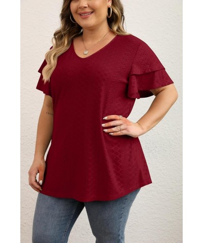 Womens Plus Size Tops Summer Casual V Neck Short Ruffle Sleeve T Shirts Loose Fit Eyelet Hollow Out Blouse 1X-5X Wine Red $15...