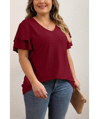 Womens Plus Size Tops Summer Casual V Neck Short Ruffle Sleeve T Shirts Loose Fit Eyelet Hollow Out Blouse 1X-5X Wine Red $15...