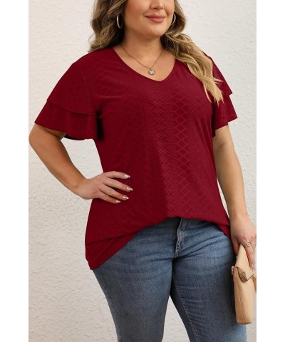 Womens Plus Size Tops Summer Casual V Neck Short Ruffle Sleeve T Shirts Loose Fit Eyelet Hollow Out Blouse 1X-5X Wine Red $15...