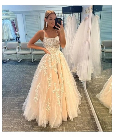 Spaghetti Straps Prom Dresses Long Ball Gown Lace Appliques Backless Tulle A-Line Formal Evening Dress Champagne $42.50 Dresses