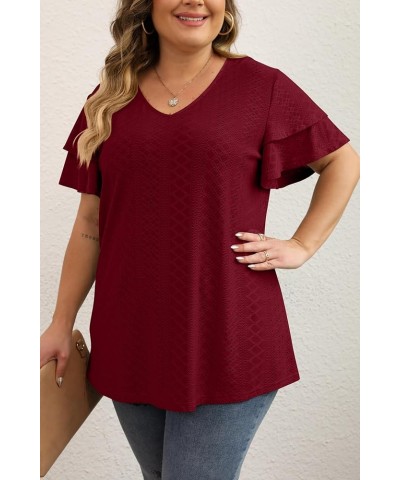 Womens Plus Size Tops Summer Casual V Neck Short Ruffle Sleeve T Shirts Loose Fit Eyelet Hollow Out Blouse 1X-5X Wine Red $15...