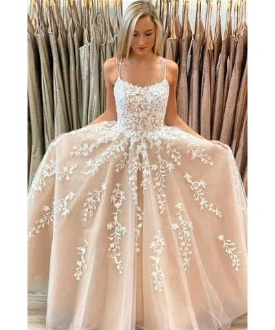 Spaghetti Straps Prom Dresses Long Ball Gown Lace Appliques Backless Tulle A-Line Formal Evening Dress Champagne $42.50 Dresses