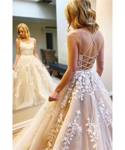 Spaghetti Straps Prom Dresses Long Ball Gown Lace Appliques Backless Tulle A-Line Formal Evening Dress Champagne $42.50 Dresses