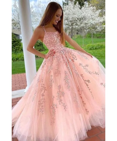 Spaghetti Straps Prom Dresses Long Ball Gown Lace Appliques Backless Tulle A-Line Formal Evening Dress Champagne $42.50 Dresses