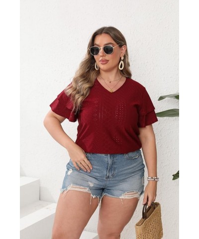 Womens Plus Size Tops Summer Casual V Neck Short Ruffle Sleeve T Shirts Loose Fit Eyelet Hollow Out Blouse 1X-5X Wine Red $15...