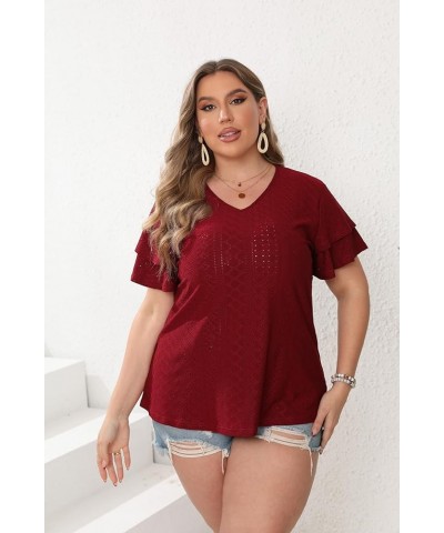 Womens Plus Size Tops Summer Casual V Neck Short Ruffle Sleeve T Shirts Loose Fit Eyelet Hollow Out Blouse 1X-5X Wine Red $15...