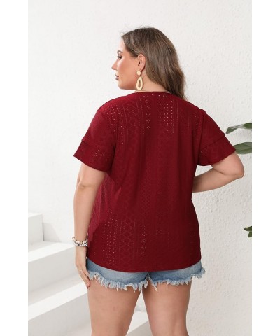 Womens Plus Size Tops Summer Casual V Neck Short Ruffle Sleeve T Shirts Loose Fit Eyelet Hollow Out Blouse 1X-5X Wine Red $15...