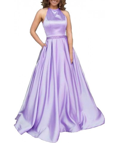 Women's Halter A-line Beaded Satin Evening Prom Dress Long Formal Gown with Pockets Lilac $39.74 Dresses