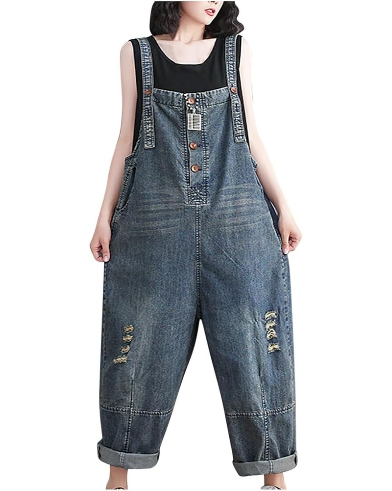 Jumpsuits for Women Denim Overalls Baggy Vintage Floral Bib Pants Wide Leg Harem Pants Jeans Button Romper with Pocket A05_bl...