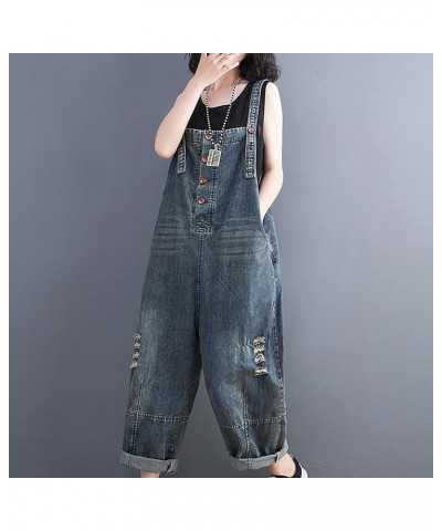 Jumpsuits for Women Denim Overalls Baggy Vintage Floral Bib Pants Wide Leg Harem Pants Jeans Button Romper with Pocket A05_bl...