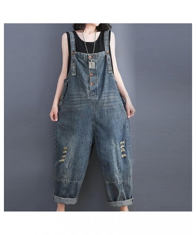 Jumpsuits for Women Denim Overalls Baggy Vintage Floral Bib Pants Wide Leg Harem Pants Jeans Button Romper with Pocket A05_bl...