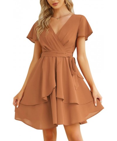 Womens Skater Dresses Sexy V Neck Short Sleeve Tie Waist Solid Ruffle Boho Flowy Swing Mini Dress Brown $13.76 Dresses