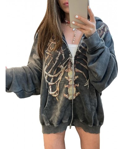 Women Zip Up Hoodie Halloween Skeleton Print Oversized Vintage Sweatshirts with Pocket Aesthetic Jacket Coat A-grey $14.26 Ho...