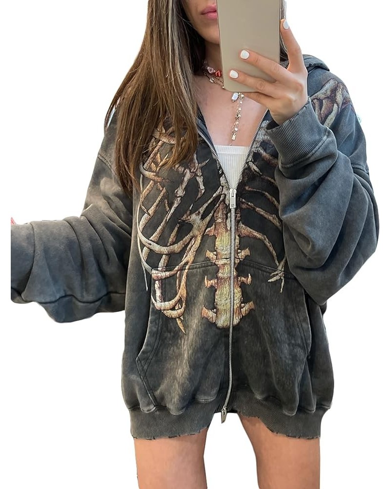 Women Zip Up Hoodie Halloween Skeleton Print Oversized Vintage Sweatshirts with Pocket Aesthetic Jacket Coat A-grey $14.26 Ho...