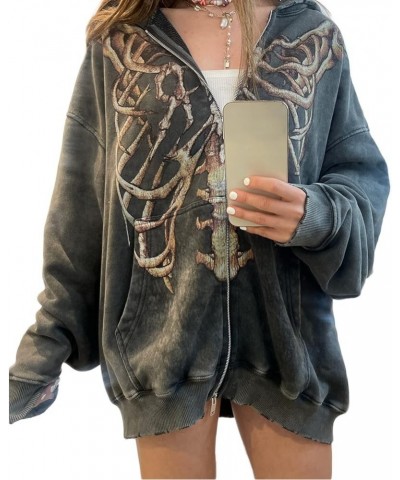 Women Zip Up Hoodie Halloween Skeleton Print Oversized Vintage Sweatshirts with Pocket Aesthetic Jacket Coat A-grey $14.26 Ho...