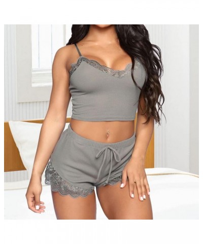 Women's Lace Satin Sleepwear Sexy Lingerie Cami Top & Shorts Pajama Set 2-piece Silk Lounge Wear Camisole Short Sets Gray $5....