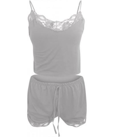 Women's Lace Satin Sleepwear Sexy Lingerie Cami Top & Shorts Pajama Set 2-piece Silk Lounge Wear Camisole Short Sets Gray $5....