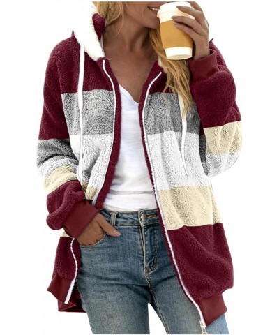 Oversized Fuzzy Fleece Jackets For Women,Fashion 2023 Color Block Faux Fur Cardigan Coat Shaggy Warm Winter Outerwear 02-wine...