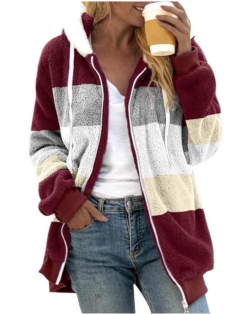 Oversized Fuzzy Fleece Jackets For Women,Fashion 2023 Color Block Faux Fur Cardigan Coat Shaggy Warm Winter Outerwear 02-wine...