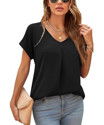 Summer Blouses for Women Elegant Casual V Neck Chiffon Blouses Tops Shirts Black $11.28 Blouses