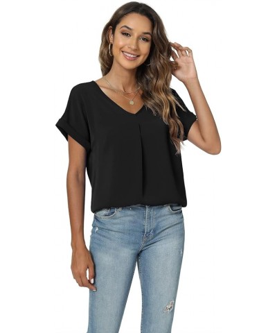 Summer Blouses for Women Elegant Casual V Neck Chiffon Blouses Tops Shirts Black $11.28 Blouses