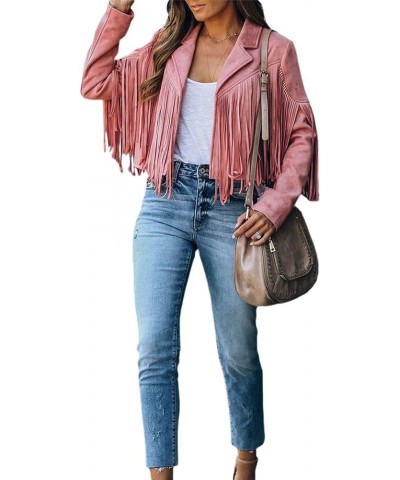 Faux Suede Tassel Jacket Womens Vintage Lapel Long Sleeve Fringe Cropped Cardigan Outwears Pink $11.50 Coats