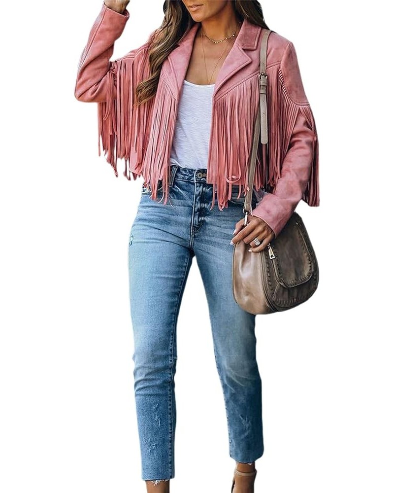 Faux Suede Tassel Jacket Womens Vintage Lapel Long Sleeve Fringe Cropped Cardigan Outwears Pink $11.50 Coats