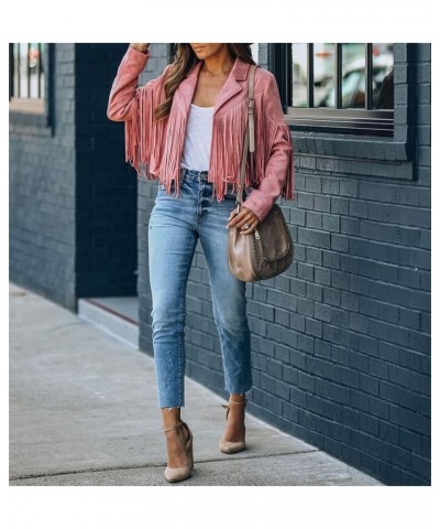 Faux Suede Tassel Jacket Womens Vintage Lapel Long Sleeve Fringe Cropped Cardigan Outwears Pink $11.50 Coats