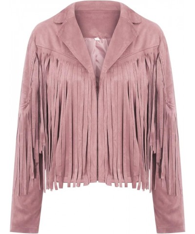 Faux Suede Tassel Jacket Womens Vintage Lapel Long Sleeve Fringe Cropped Cardigan Outwears Pink $11.50 Coats