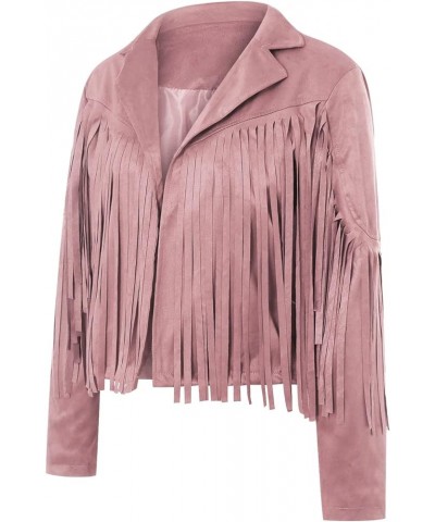 Faux Suede Tassel Jacket Womens Vintage Lapel Long Sleeve Fringe Cropped Cardigan Outwears Pink $11.50 Coats