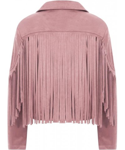 Faux Suede Tassel Jacket Womens Vintage Lapel Long Sleeve Fringe Cropped Cardigan Outwears Pink $11.50 Coats