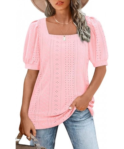 Womens Summer Tops 2024 Square Neck Short Sleeve Tunic Tops Eyelet T-Shirts S-2XL 10-pink $15.94 Tops