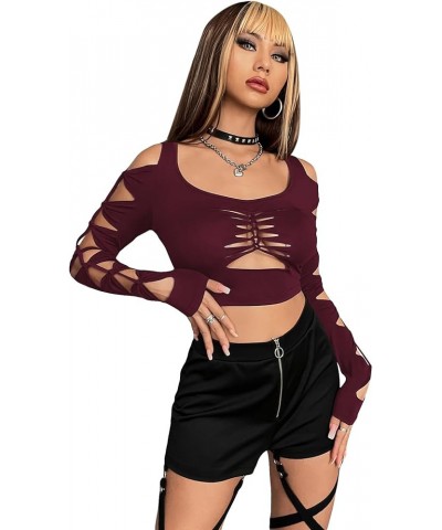 Women's Cut Out Twist Cold Shoulder Long Sleeve Crop Top T Shirt Burgundy $8.99 T-Shirts