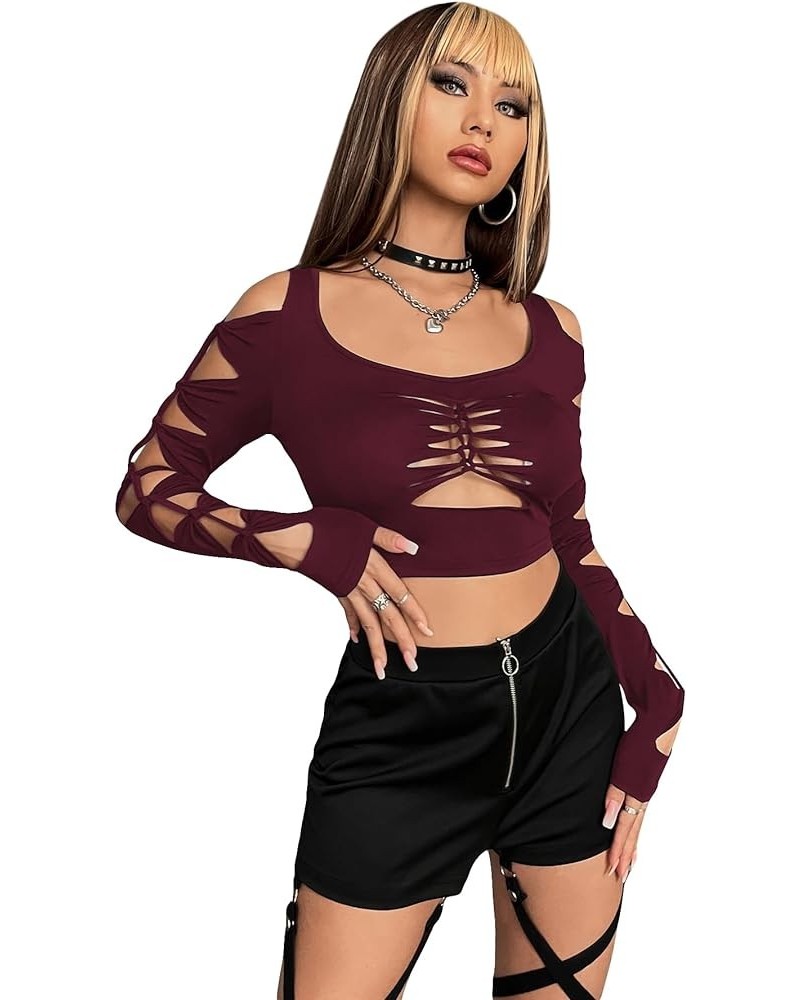 Women's Cut Out Twist Cold Shoulder Long Sleeve Crop Top T Shirt Burgundy $8.99 T-Shirts