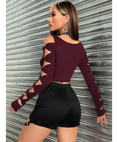 Women's Cut Out Twist Cold Shoulder Long Sleeve Crop Top T Shirt Burgundy $8.99 T-Shirts