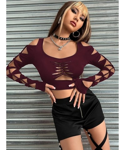 Women's Cut Out Twist Cold Shoulder Long Sleeve Crop Top T Shirt Burgundy $8.99 T-Shirts