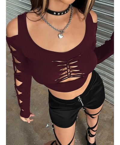 Women's Cut Out Twist Cold Shoulder Long Sleeve Crop Top T Shirt Burgundy $8.99 T-Shirts