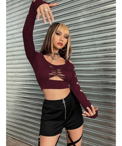 Women's Cut Out Twist Cold Shoulder Long Sleeve Crop Top T Shirt Burgundy $8.99 T-Shirts