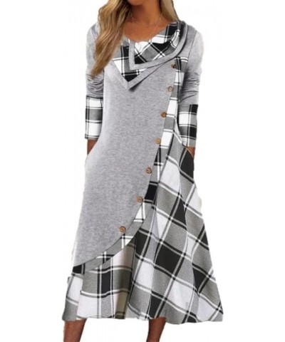 Fall/Winter Maxi Dresses Women Outfits ClothesWomen's Plaid Stitching Button Pockets Pile Neck Long Sleeve Dresses Gray Plaid...