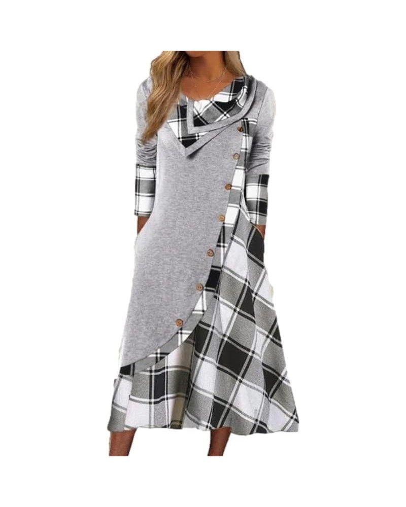 Fall/Winter Maxi Dresses Women Outfits ClothesWomen's Plaid Stitching Button Pockets Pile Neck Long Sleeve Dresses Gray Plaid...