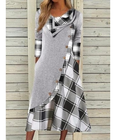 Fall/Winter Maxi Dresses Women Outfits ClothesWomen's Plaid Stitching Button Pockets Pile Neck Long Sleeve Dresses Gray Plaid...