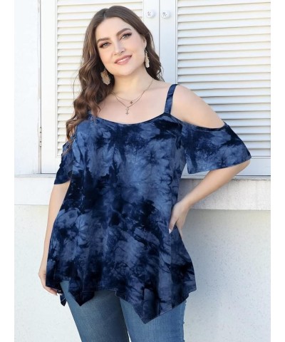 Cold Shoulder Tops for Womens Summer Clothes Spaghetti Strape Tunic Oversized Shirts Asymmetrical Plus Size Blouse T09-darkbl...